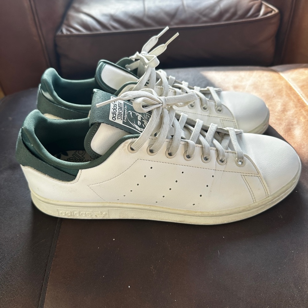 adidas Stan Smith White Leather Sneakers with Green Heel Tab Size 10
